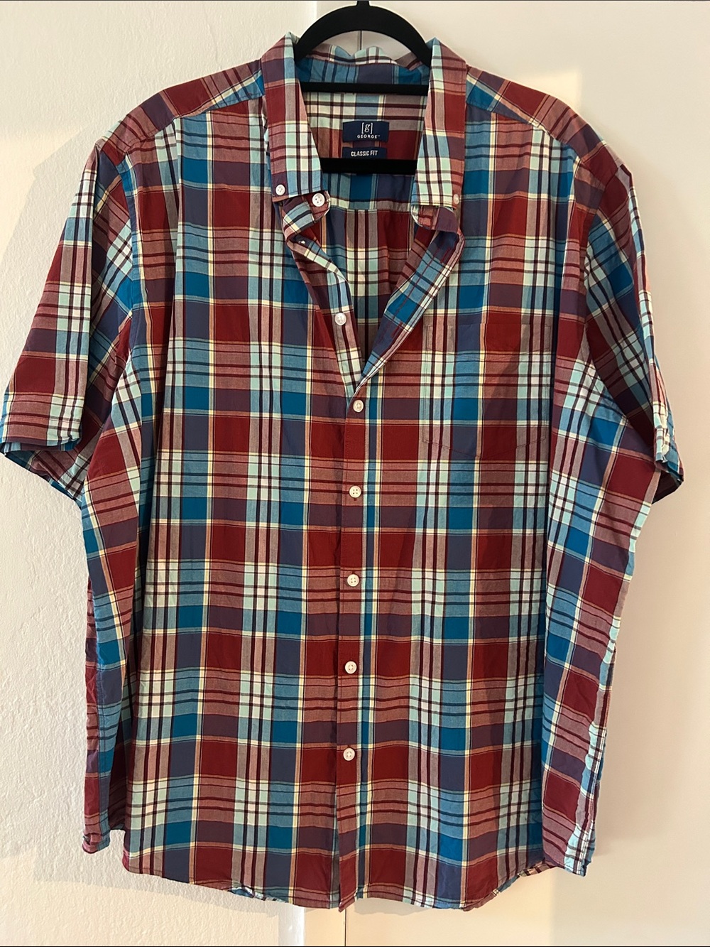 GEORGE Men’s Plaid Button-Down Shirt Burgundy & Blue 3XL 100% Cotton